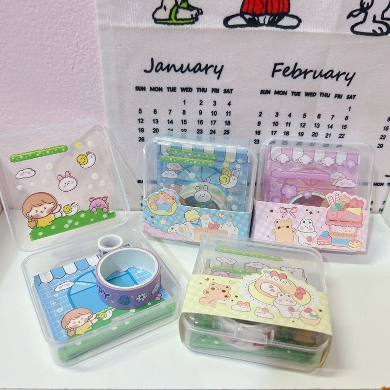 Hộp sticker ,washi , giấy note ghi chú kèm băng keo dán dễ thương cho bé
