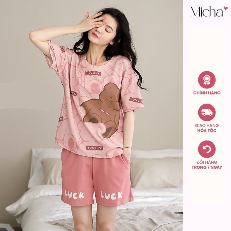 Đồ bộ ngủ nữ mặc nhà cao cấp quần đùi áo cộc tay cotton hình gấu hồng A23 MICHA