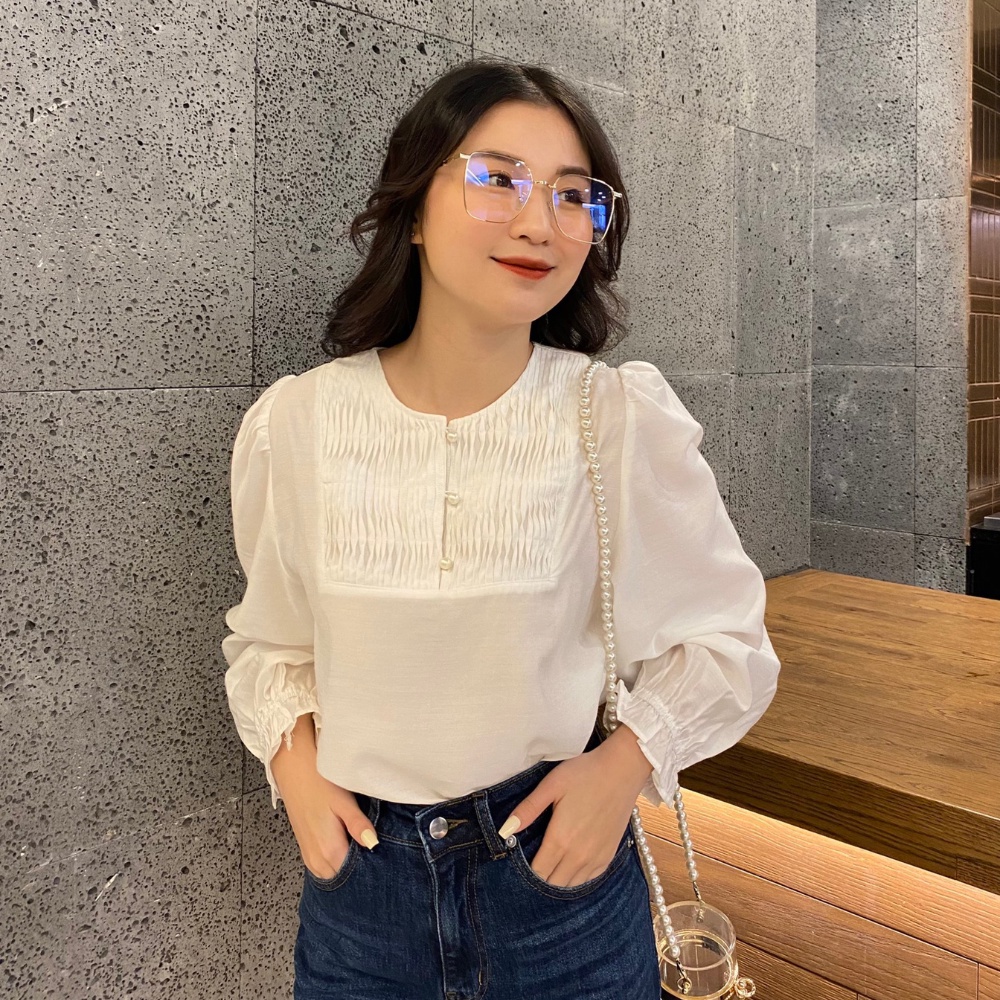 Áo sơ mi kiểu tay dài màu trắng chất tơ lụa Hàn, mềm mịn - M165