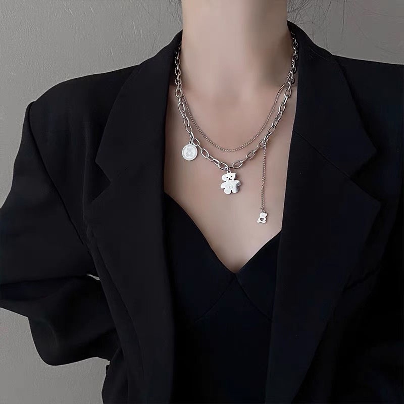 Vòng cổ Hai Lớp Bằng Thép Titan Mặt Hình Gấu