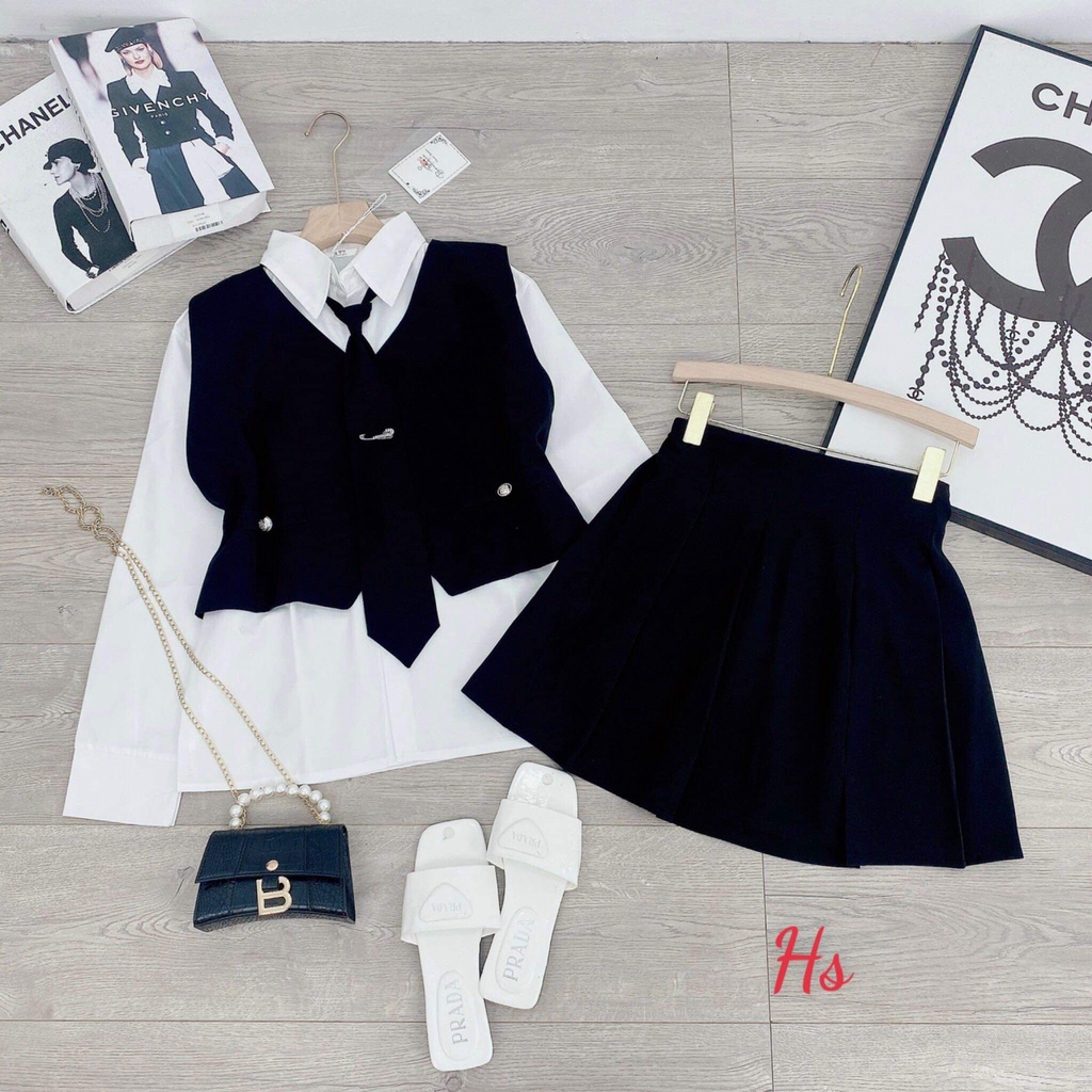 Set váy 4 món gồm sơ mi, chân váy áo gile và cà vạt siêu hot hit