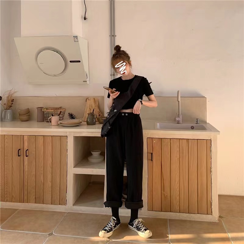 Quần dài SUXI lưng cao ống rộng màu sắc đơn giản thời trang cho nữ