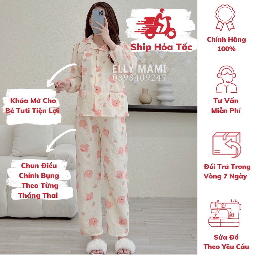 40kg - 85kg  Đồ Bộ Bầu Và Sau Sinh Pijama 2 Túi Siêu Mát Nhẹ Tênh Form Dễ