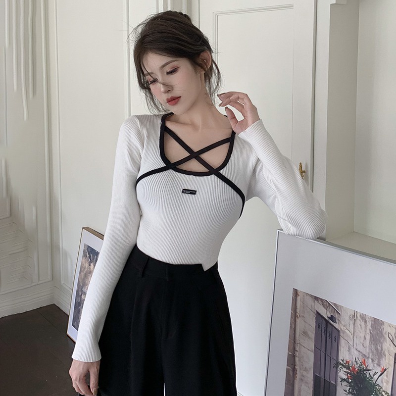 Áo Len Tay Dài Cổ Vuông Họa Tiết Kẻ Sọc Ngang Thời Trang Hàn Quốc Cho Nữ