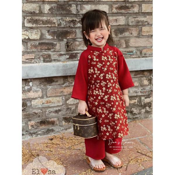 Áo dài bé gái áo dài cách tân hoa đào diện tết 8-30kg