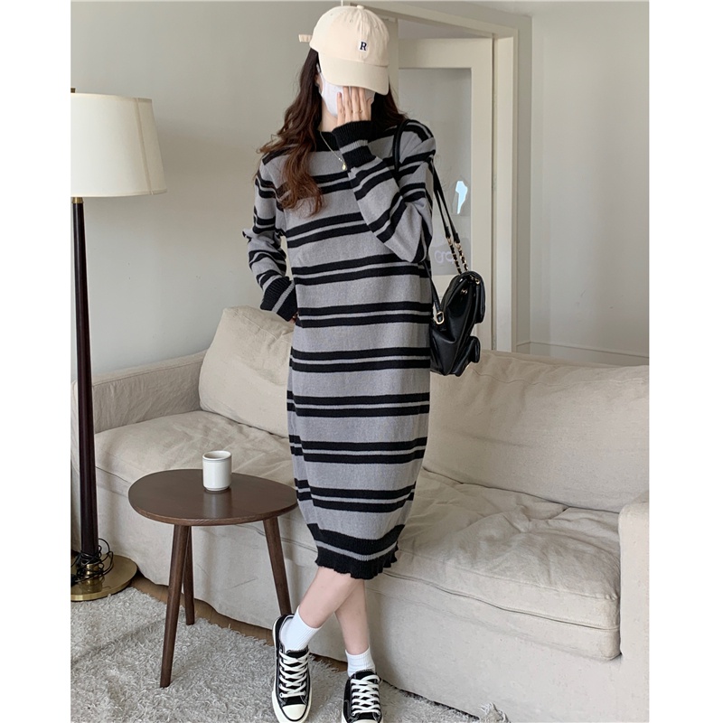 Đầm Dệt Kim Dáng Rộng Dài Cổ Tròn Kẻ Sọc Kiểu Vintage Hàn Quốc Thời Trang Mùa Thu