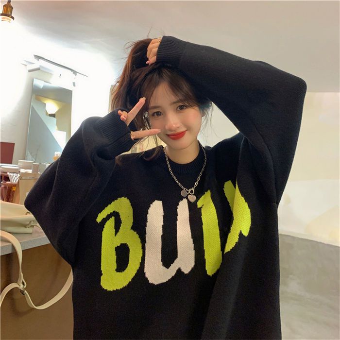 [Hàng Có Sẵn] Áo Sweater Dệt Kim Dáng Rộng Màu Xanh Dương IN Chữ Phong Cách Hàn Quốc