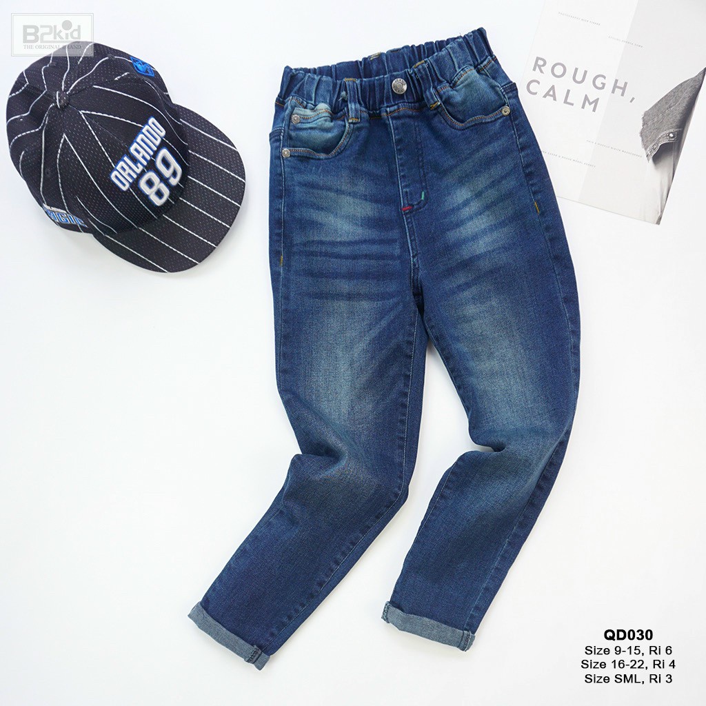 Quần jean bé trai, quần bò bé trai dài ống đứng lưng thun B2kid từ 20kg đến 50kg