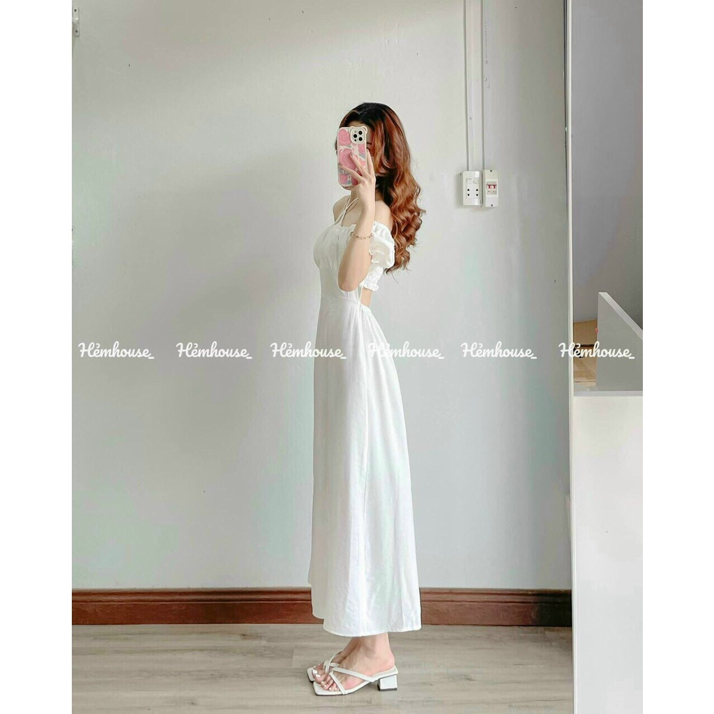 (Sale FreeShip) Đầm trễ vai dáng dài,đầm trắng tay phồng nhún ngực có dây cột nơ xé tà sang chảnh,chất đẹp