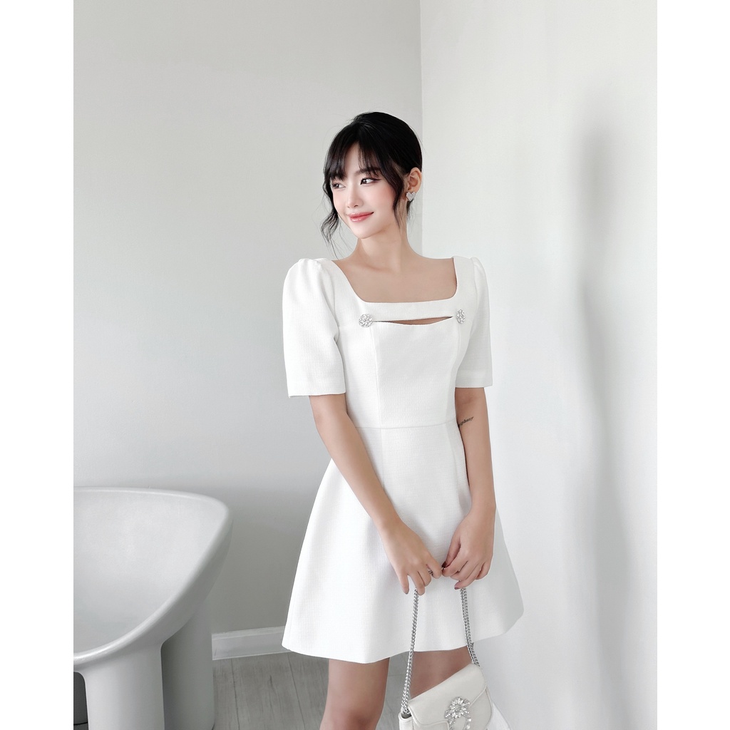 Đầm tay ngắn cut-out chất linen , Peace House Clothing