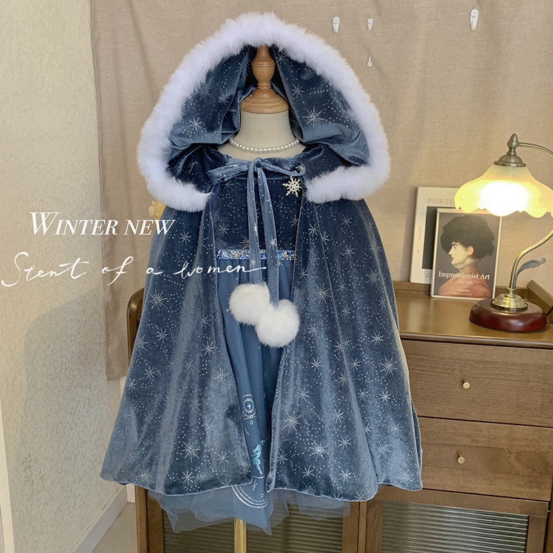 Váy Nhung Cộng Voan Công Chúa Mùa Đông Cho Bé Gái - Áo Choàng Nhung Cao Cấp