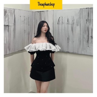Set áo nhung đen phối bèo + chân váy đen
