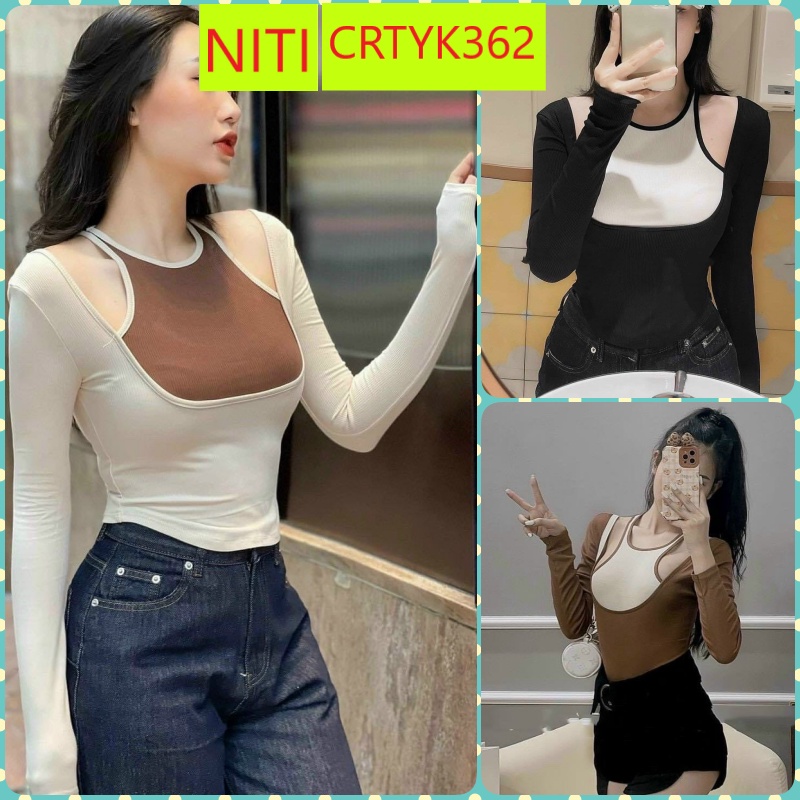 ÁO CROPTOP KIỂU LỬNG NỮ CỔ VUÔNG DÀI TAY PHỐI ÁO YẾM MÀU KEM ĐEN XÁM NHẠT NÂU CÁ TÍNH DỄ PHỐI ĐỒ SIÊU XỊN SÒ