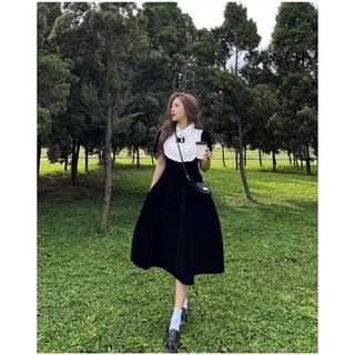 Đầm nhung phối yếm nơ dáng xoè dài tay ngắn có dây kéo sau cổ sơmi freesize Pumi