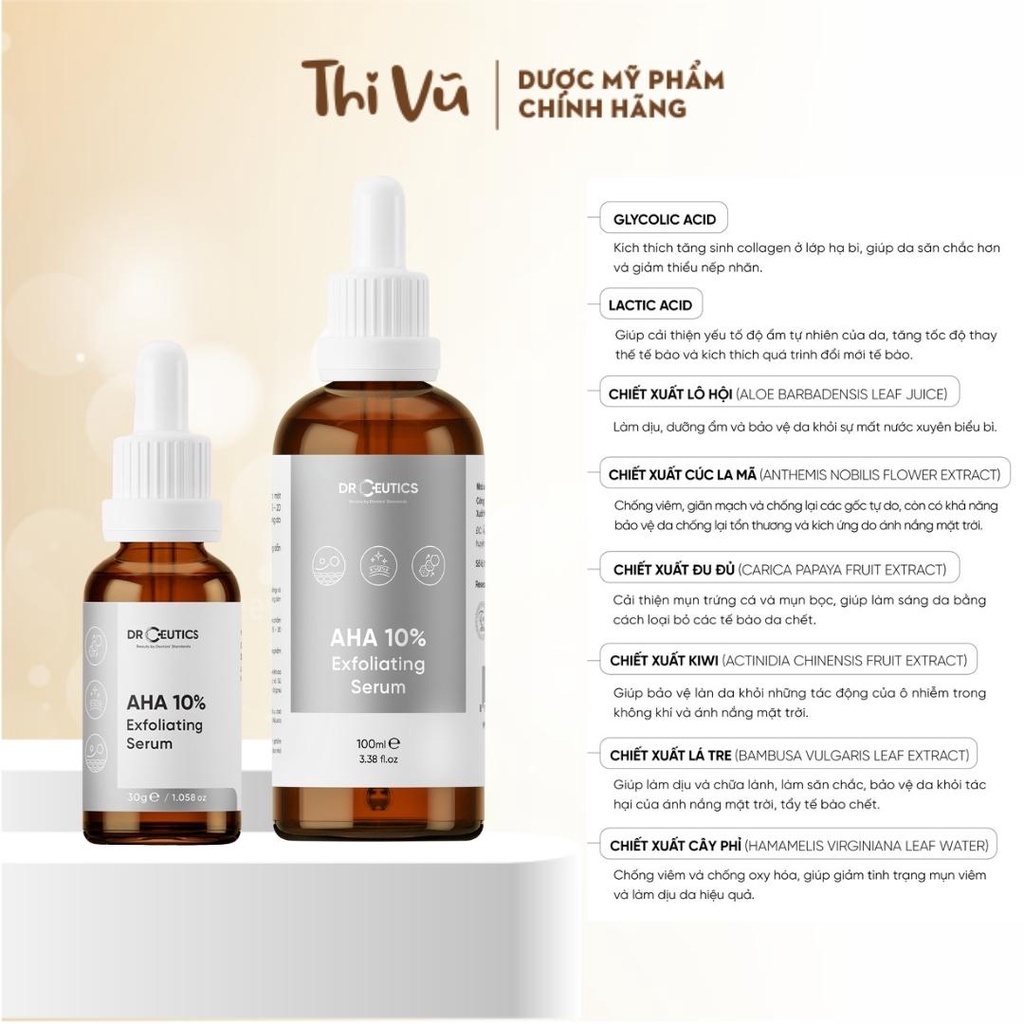 Tinh chất Serum AHA DrCeutics Tẩy Da Chết Làm Sáng Và Giảm Lão Hóa Da AHA 10% Exfoliating 30ml