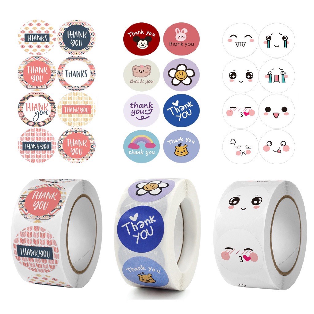 Cuộn 500 sticker thank you, nhãn dãn cảm ơn, tem tròn cảm ơn họa tiết dễ thương đáng yêu