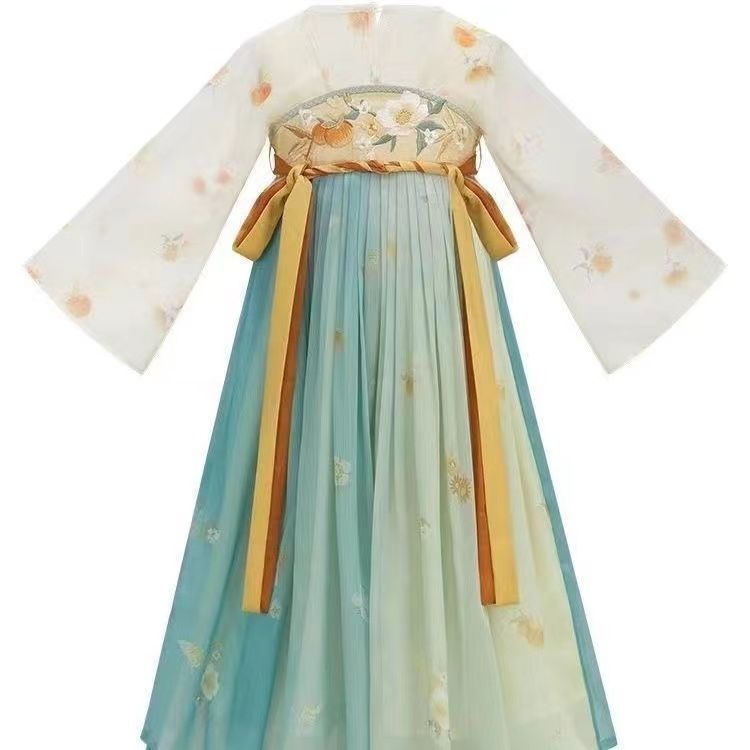 Đầm Hán Phục Màu Xanh Lá / Cam Thêu Họa Tiết Phong Cách Trung Hoa Cổ Điển Xinh Xắn Cho Bé Gái