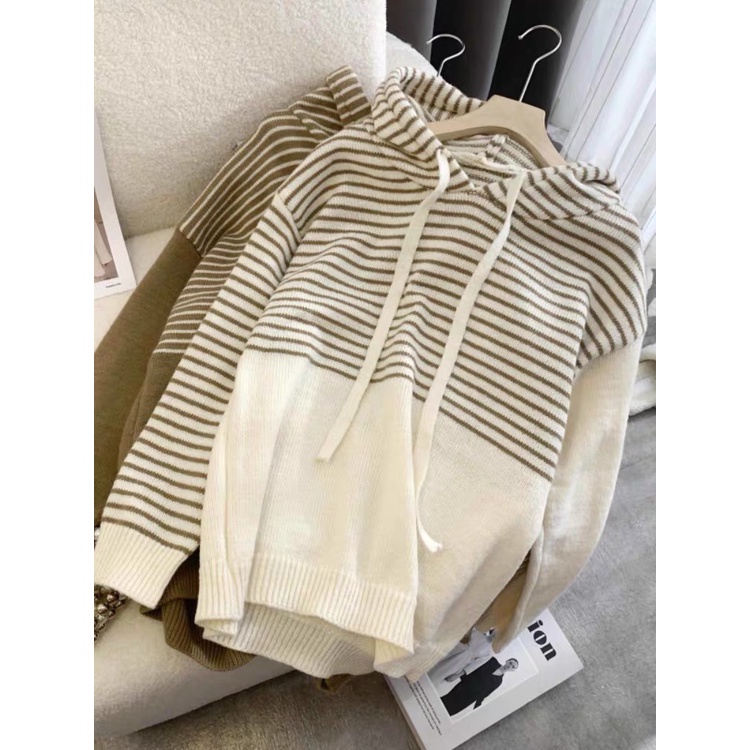 𝗺𝗶𝗲 𝘀𝘁𝘂𝗱𝗶𝗼 - SẴN Áo hoodie len có mũ mix hoạ tiết sọc ngang cơ bản