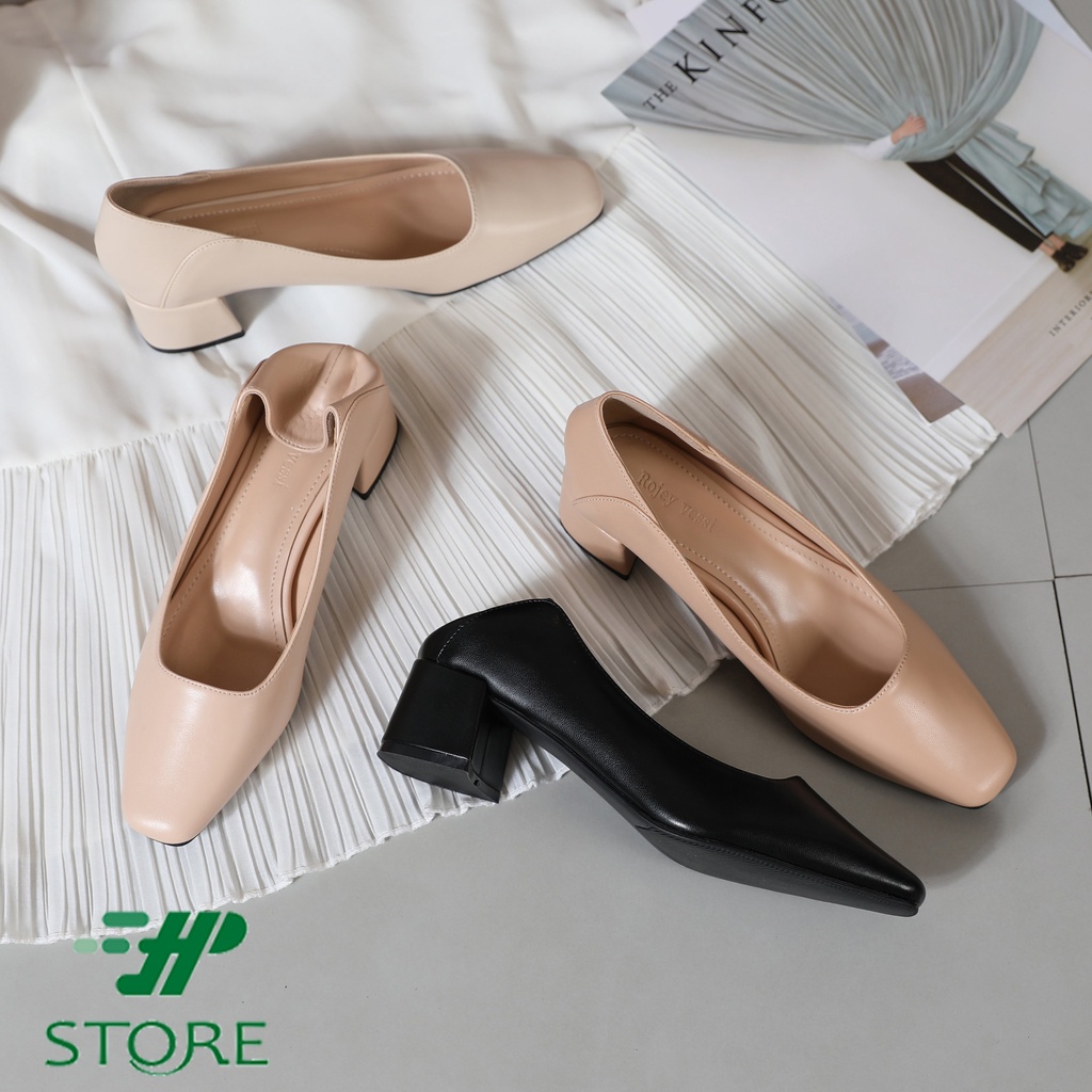 Giày Mũi Vuông Gót Vuông  Da Mềm Gót Mềm - Màu Đen Be Hồng Trắng HP STORE