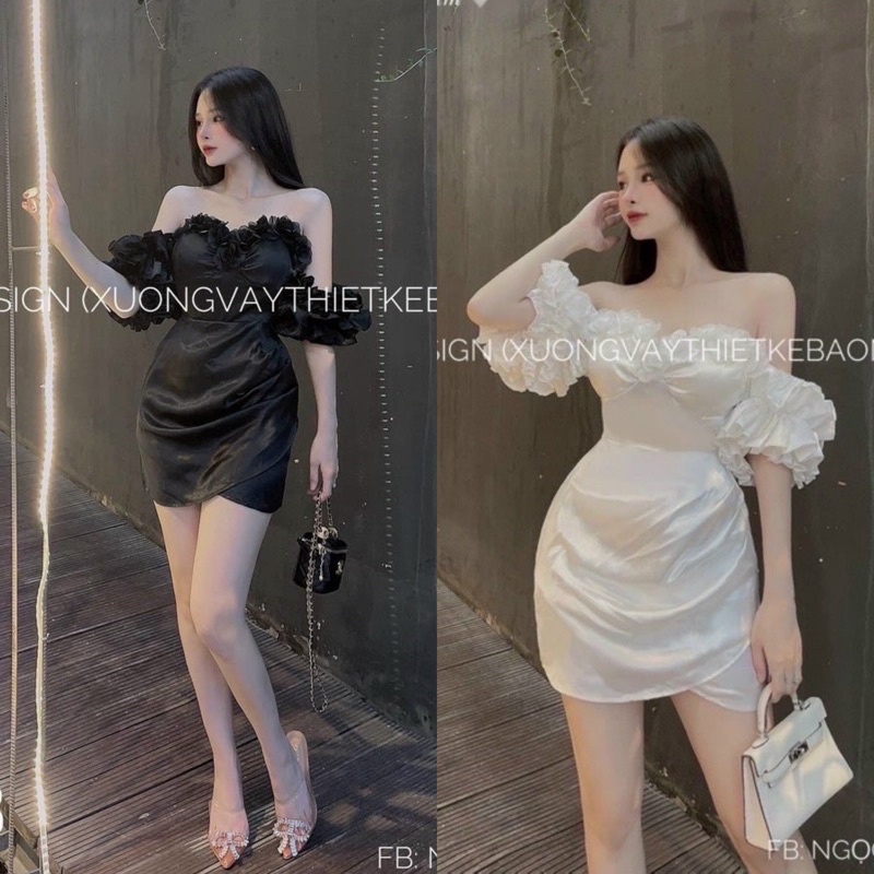Đầm phi lụa đính hoa/bông váy ống cúp ngực ôm body ngắn rớt/bẹt/trễ vai thời trang nữ sang trọng quý phái đi dự tiệc