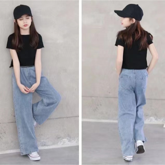 Bộ đồ bé gái áo phông + quần jean，Quần Jeans Dài Lưng Cao Ống Rộng Thời Trang Xuân Thu Cho Bé Gái