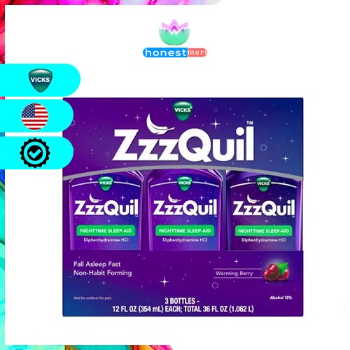Siro hỗ trợ giấc ngủ Vicks Nyquil ZzzQuil Nighttime Sleep Aid Warming Berry 354ml x3