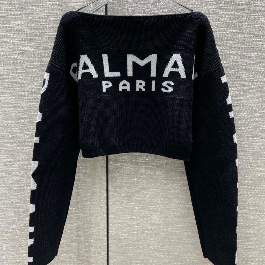 Balmain French hot girl temperament slimming sexy all-match 2022 autumn new one-character shoulder letter jacquard pullover sweater