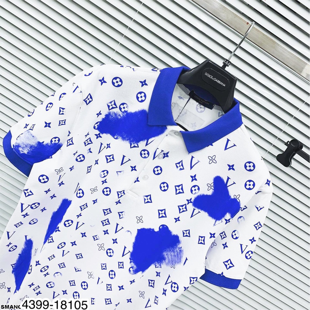 [Siêu Sale] Áo Polo Nam Trắng Loang Xanh In Chữ LV Chất Mát Mịn