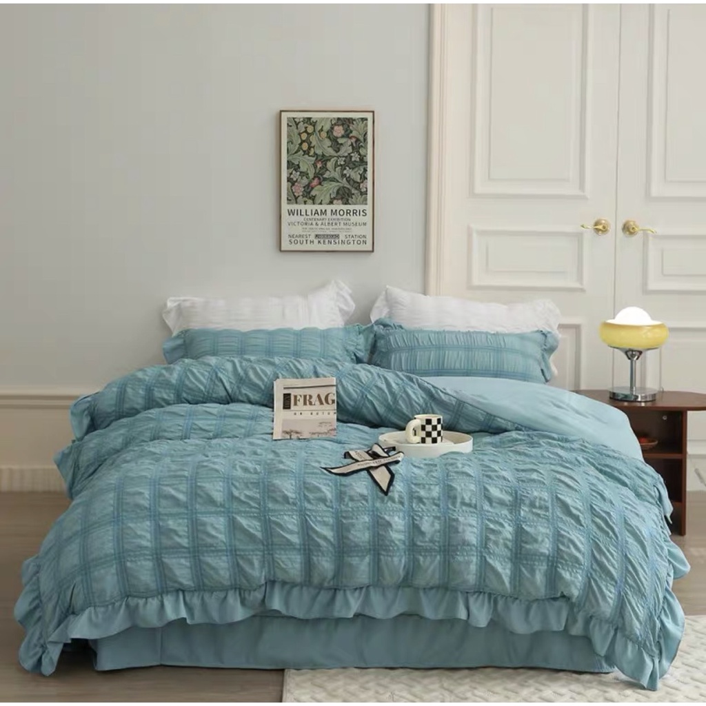 Bộ Chăn Ga Gối Cotton Đũi Hàn Viền Bèo Tiểu Thư