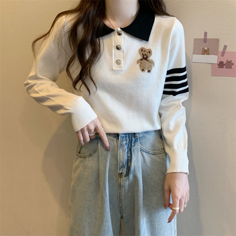 Áo Sweater Tay Dài Cổ Polo Thêu Hình Gấu Dễ Thương Thời Trang Mùa Thu Cho Nữ