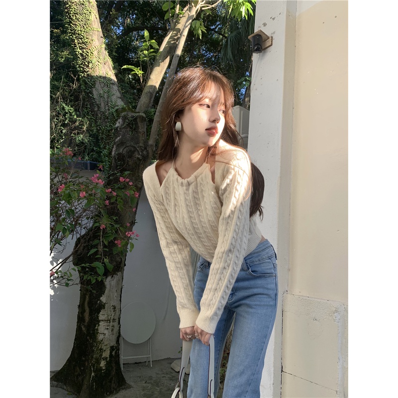 ZHELIHANGFEI Áo Sweater Tay Dài Hở Vai Giả Hai Lớp Cá Tính Thời Trang