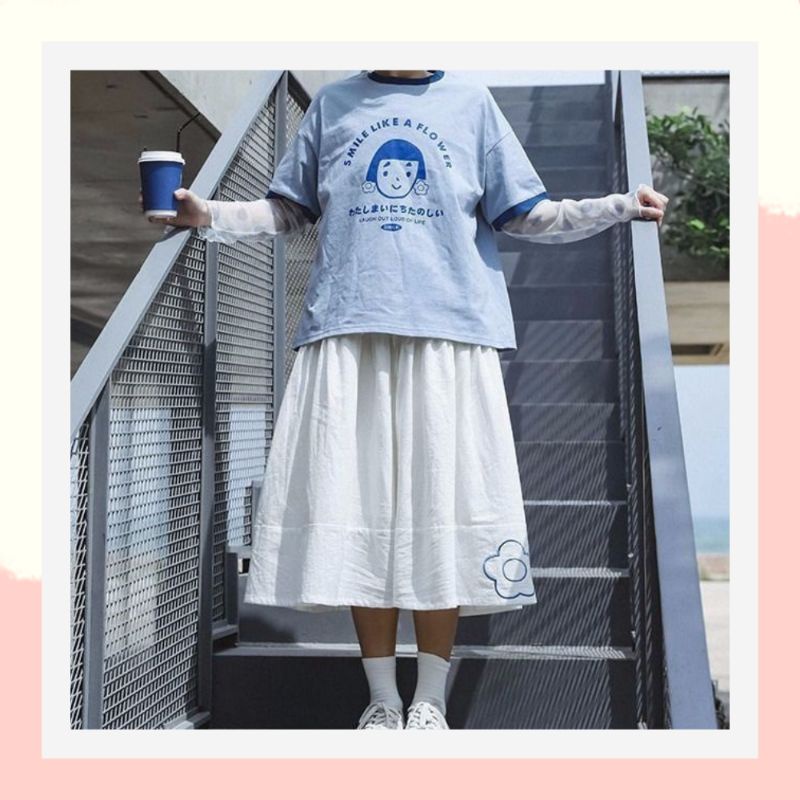 Chân váy dài chữ a dáng xoè hàn quốc dành cho người mập,chân váy dài bigsize lưng thun quảng châu dễ thương màu trắng 06