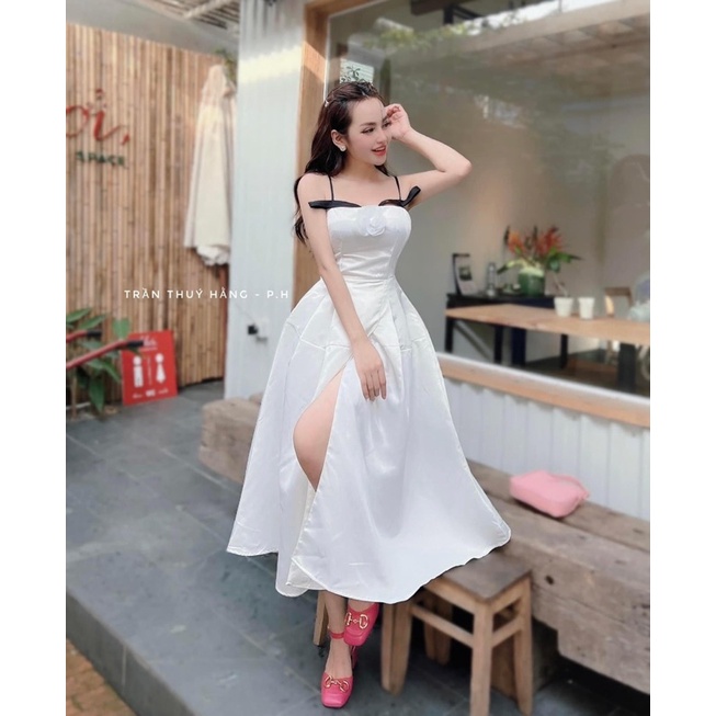 Đầm dự tiệc 2 dây xẻ tà hàng chuẩn taffa loại 1 tôn dáng ko tiết kiệm vải