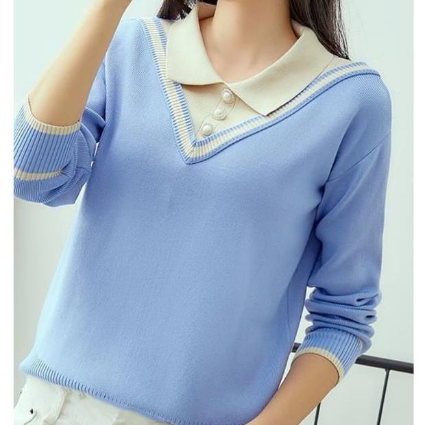 Áo Sweater Dệt Kim Tay Dài Dáng Rộng Cổ Búp Bê Giả Hai Lớp Thời Trang Thu Đông Cho Nữ
