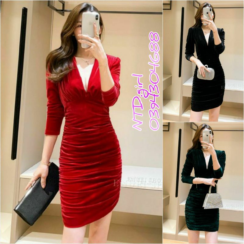 Hàng nhập - Đầm dáng ôm nhung cổ V nhíu thun eo, váy body dự tiệc hay dạo phố tay dài xinh xắn