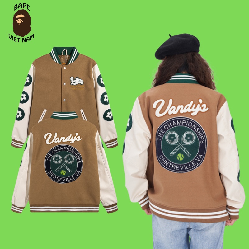 [Best Quality] Áo Khoác Vandy Tennis VARSITY JACKET, Màu nâu, Chất liệu thân áo Dạ, Tay da trắng, họa tiết thêu BapeVN