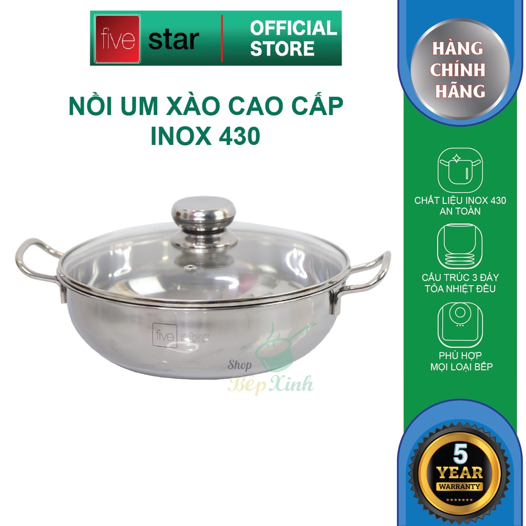 Nồi lẩu um xào inox 430 bếp từ 3 đáy Fivestar nắp kính ( 24cm / 26cm / 28cm )