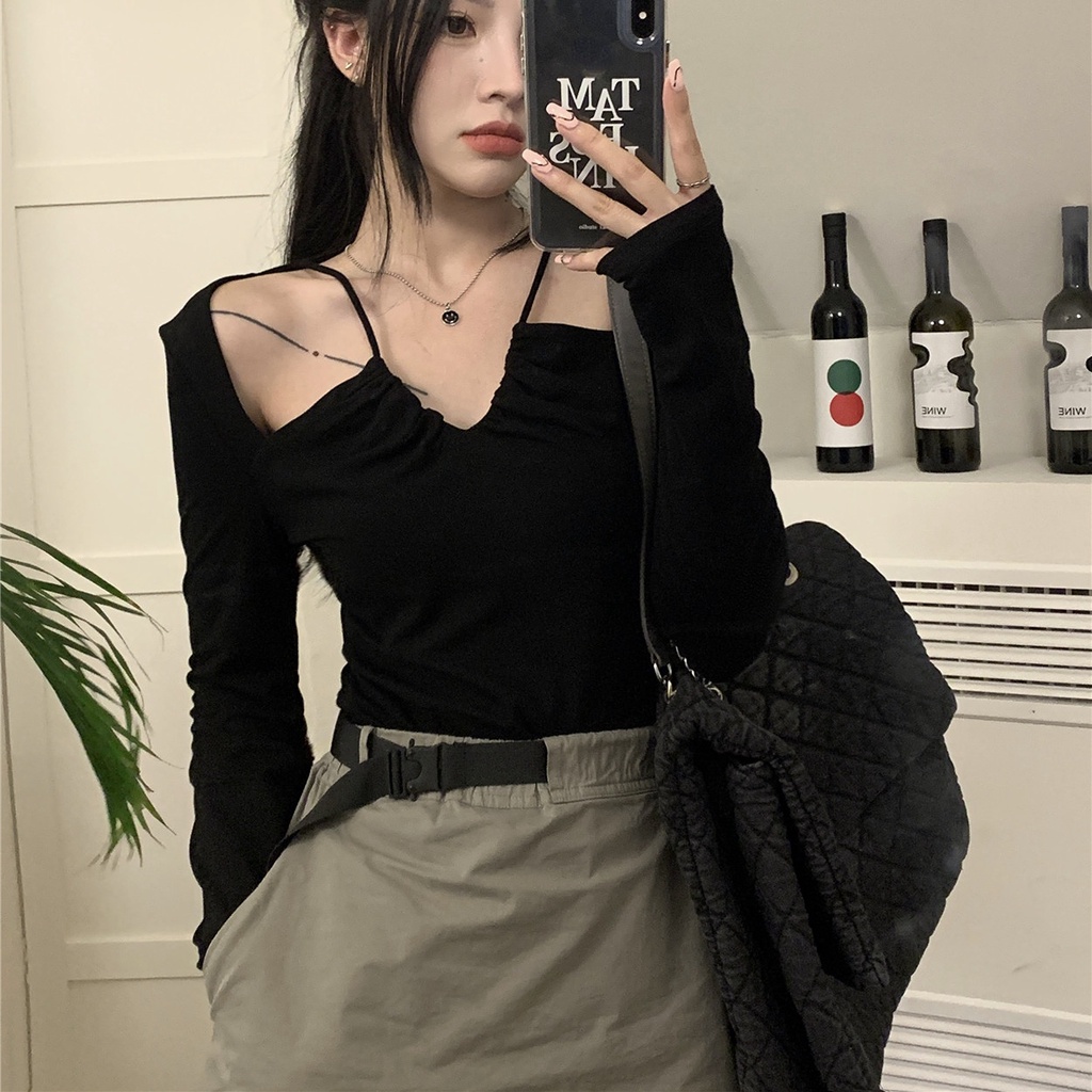 SUXI Áo Croptop Tay Dài Cổ Chữ V Màu Sắc Đơn Giản Cho Nữ