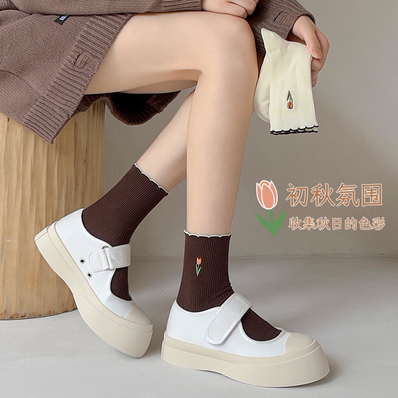 Tất Cotton Phối Ren Thêu Hình Hoa Tulip Thời Trang Thu Đông Cho Nữ