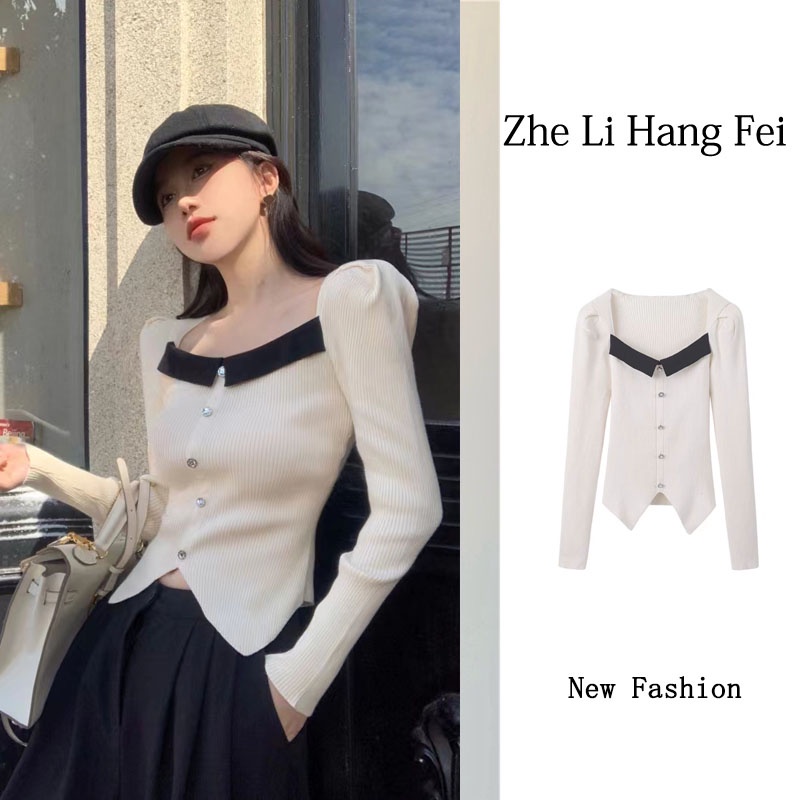 ZHELIHANGFEI Áo Sweater Dài Tay Lưng Cao Phong Cách Pháp Quyến Rũ
