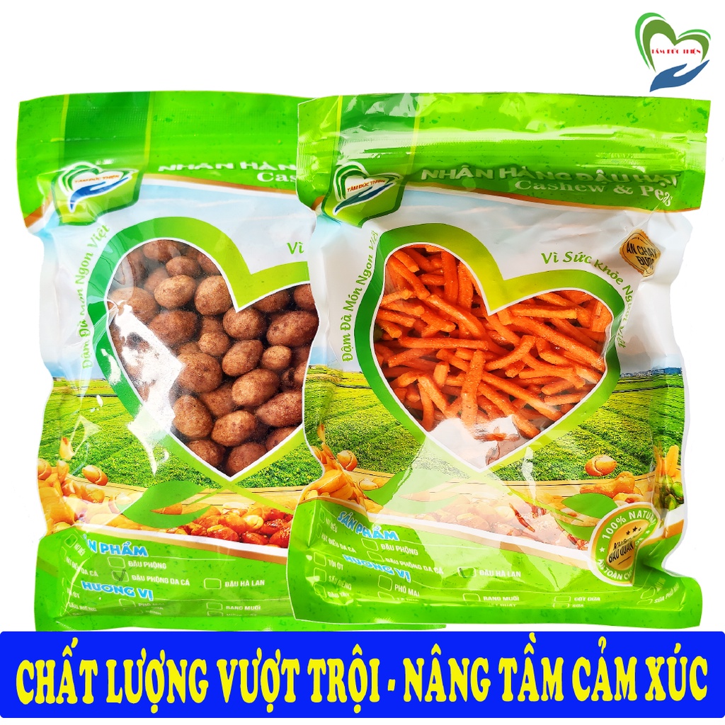 Combo 2 Túi: Đậu Phộng Da Cá Cacao 500GR và Túi Bim Bim Đậu Hà Lan 335GR Tâm Đức Thiện đồ ăn vặt