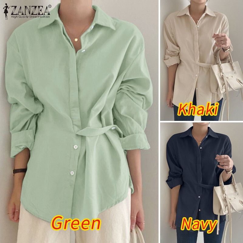 Áo sơ mi nữ ZANZEA tay dài cổ bẻ màu trơn đơn giản thời trang