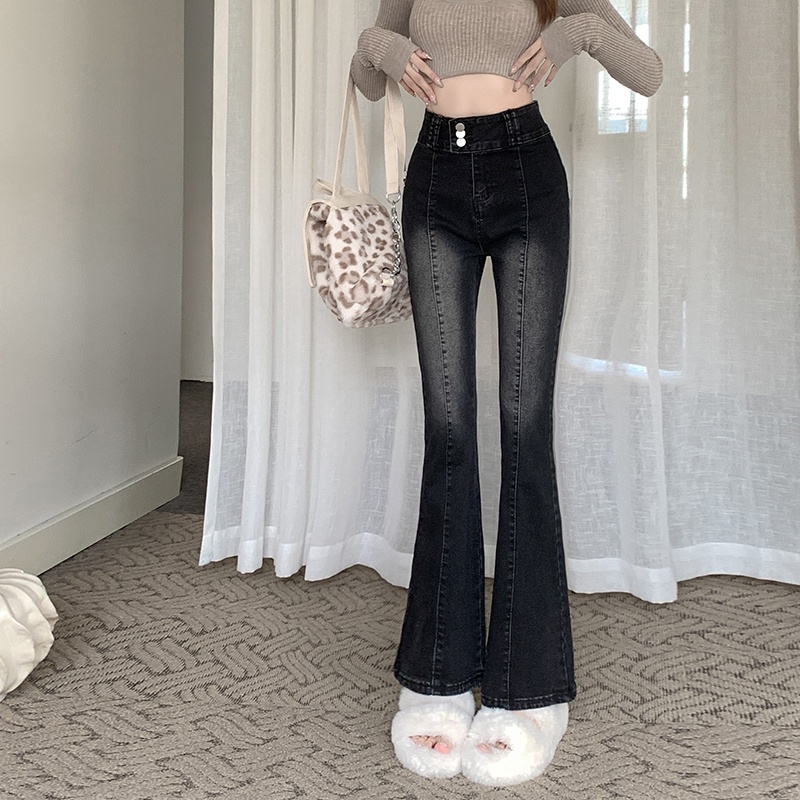 Quần Jeans Nữ Lưng Cao Ống Loe Màu Gradient Phong Cách Hàn Quốc Mới