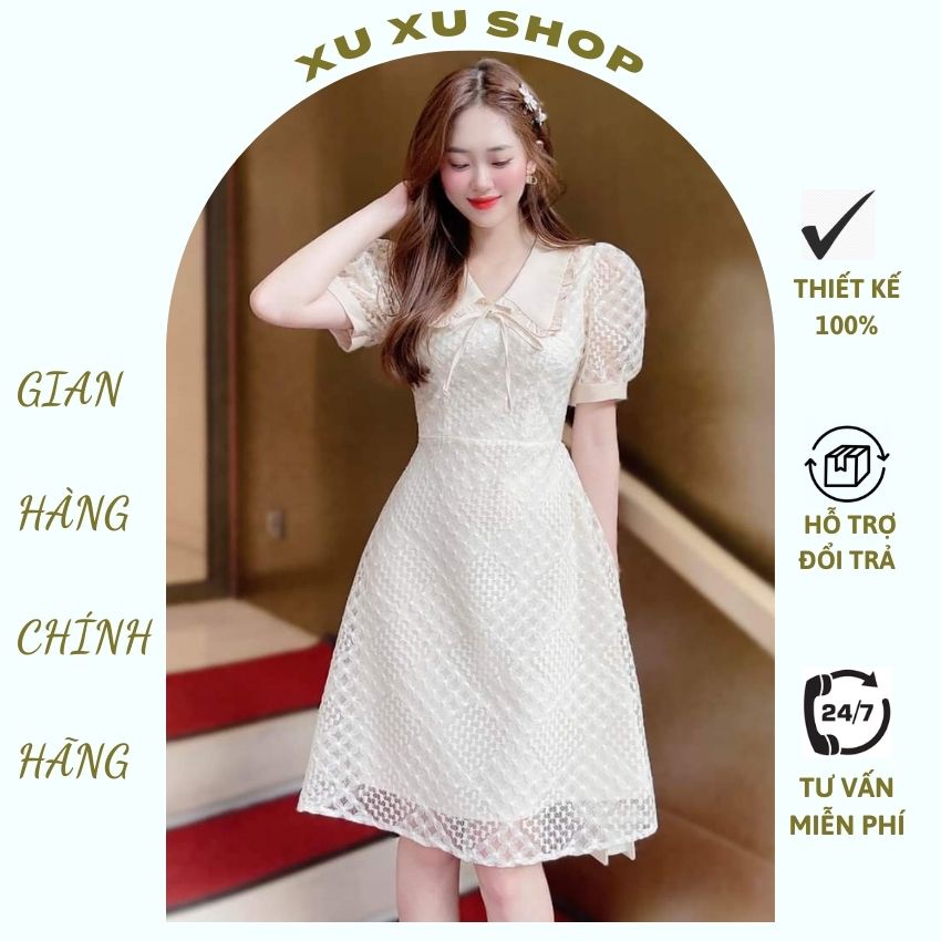 Váy tiểu thư cổ Hàn sang trọng có SIZE - XU XU SHOP - Đầm công sở cực xinh ren quả trám độc đáo kiểu chữ A tôn dáng