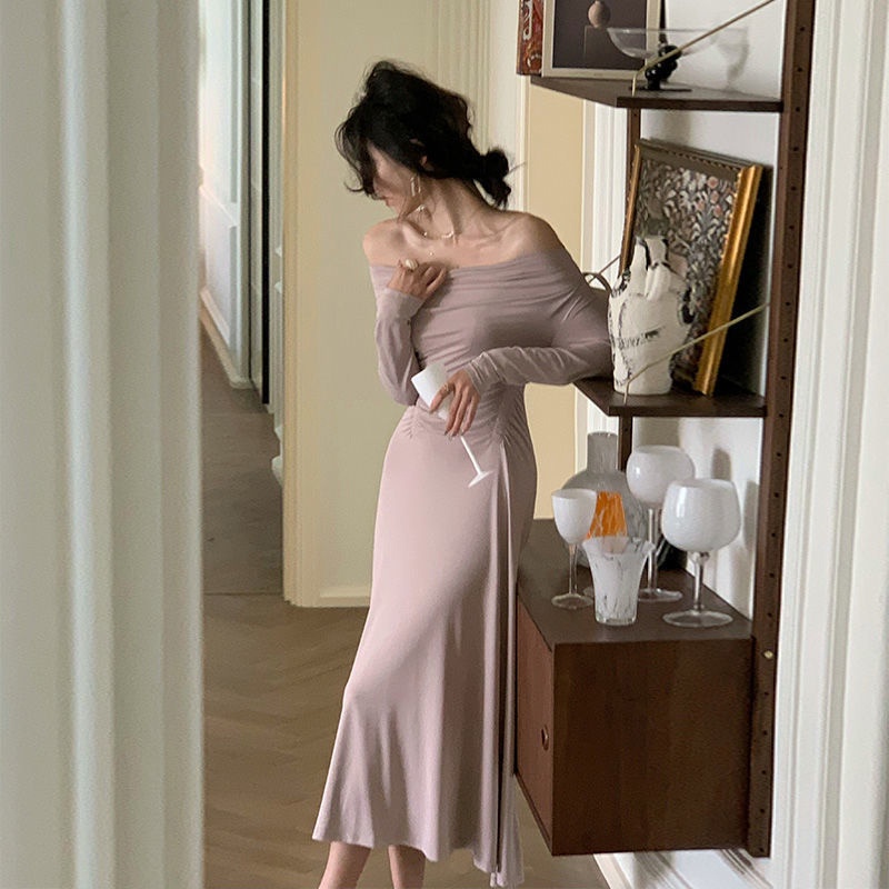 Đầm Tay Dài Hở Vai Màu Sắc Trơn Thời Trang Dành Cho Nữ
