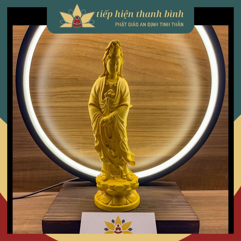 Tượng Phật Bà Quán Thế Âm Đứng Khoan Thai Gỗ Hoàng Dương 12cm/20cm