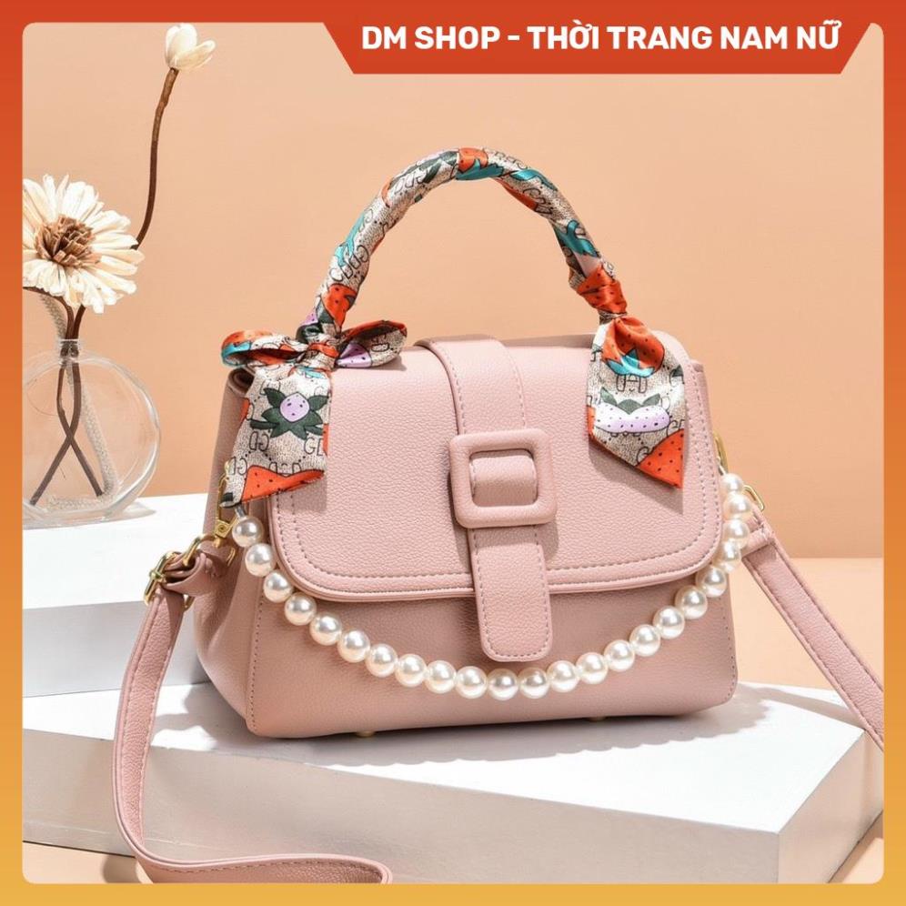 Túi đeo chéo nữ , Túi xách đeo vai phối quai ngọc trai kèm khăn tết cầm tay màu đen ghi nâu hồng thời trang DM Shop