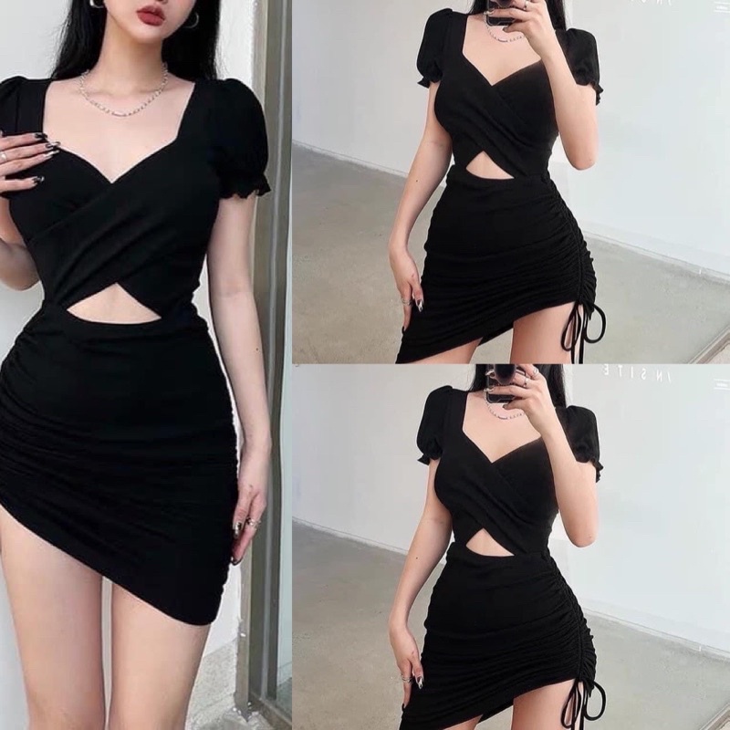 Đầm body rút dây chéo ngục tay phồng nhún thun nhẹ