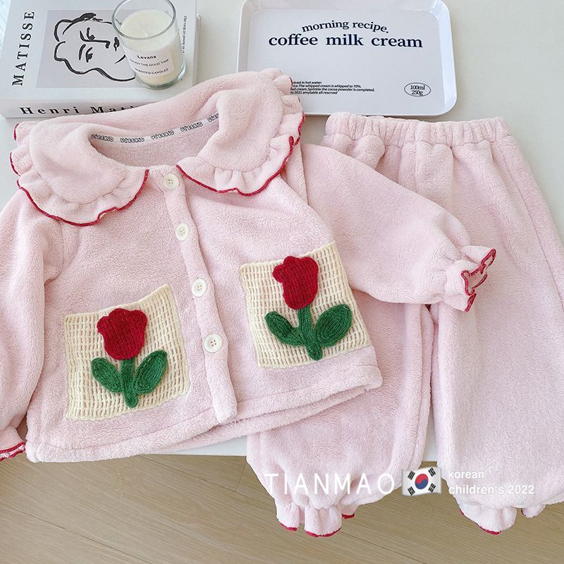Bộ Đồ Ngủ Lông Cừu San Hô Dày Dặn Phong Cách Phương Tây Thời Trang Thu Đông 2022 Mới Cho Bé Gái