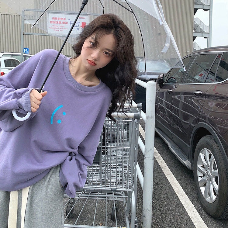 Áo Khoác Sweater Mỏng Tay Dài Dáng Rộng In Hình Mặt Cười Màu Tím Thời Trang Xuân Thu Phong Cách Hàn Quốc Mới Cho Nữ